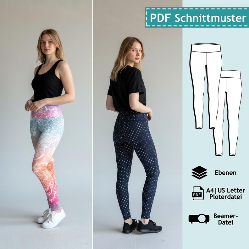 Leggings, XS - 4XL, Schnittmuster mit Ebenen, A4, A0, Beamer image number 1