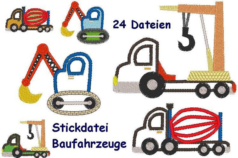 Stickdatei Baufahrzeuge Mischer Kran Auto Bagger image number 3