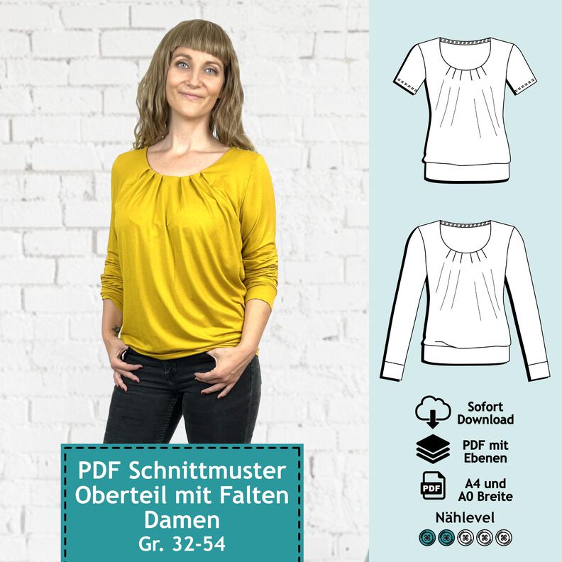 Oberteil mit Falten , Gr. 32 – 54, Schnittmuster mit Ebenen image number 1