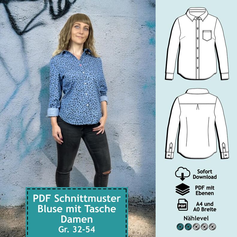 Bluse mit Tasche, Gr. 32-54, Schnittmuster mit Ebenen image number 1