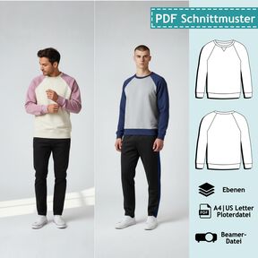 Männer Raglanpullover, XXS-4XL, Schnittmuster mit Ebenen