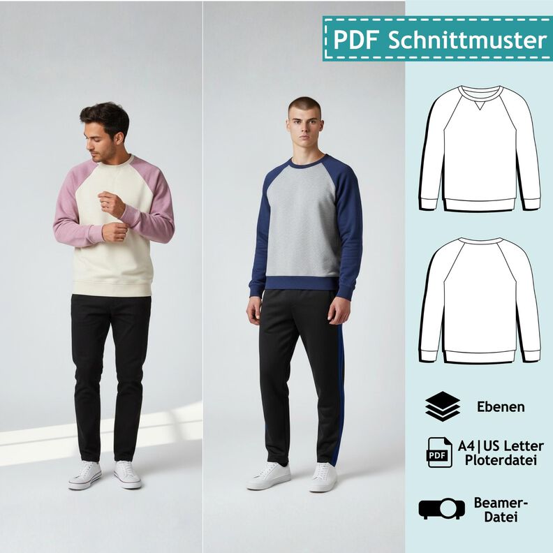 Männer Raglanpullover, XXS-4XL, Schnittmuster mit Ebenen image number 1