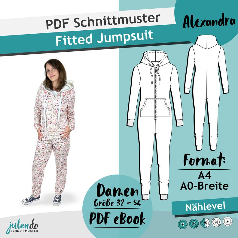 Jumpsuit Onesie (tailliert), XS-4XL, Schnittmuster m. Ebenen image number 5