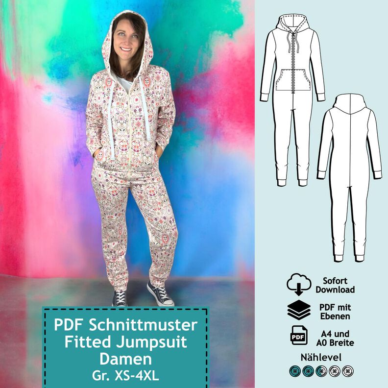 Jumpsuit Onesie (tailliert), XS-4XL, Schnittmuster m. Ebenen image number 1