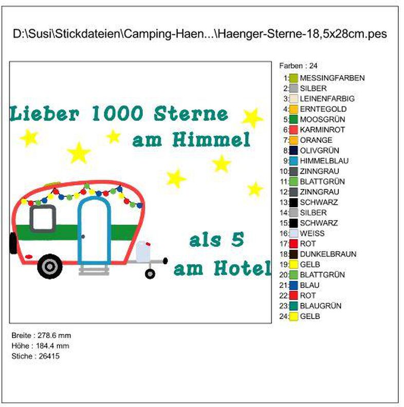Camping Hänger - Lieber 1000 Sterne am Himmel Stickdatei image number 3