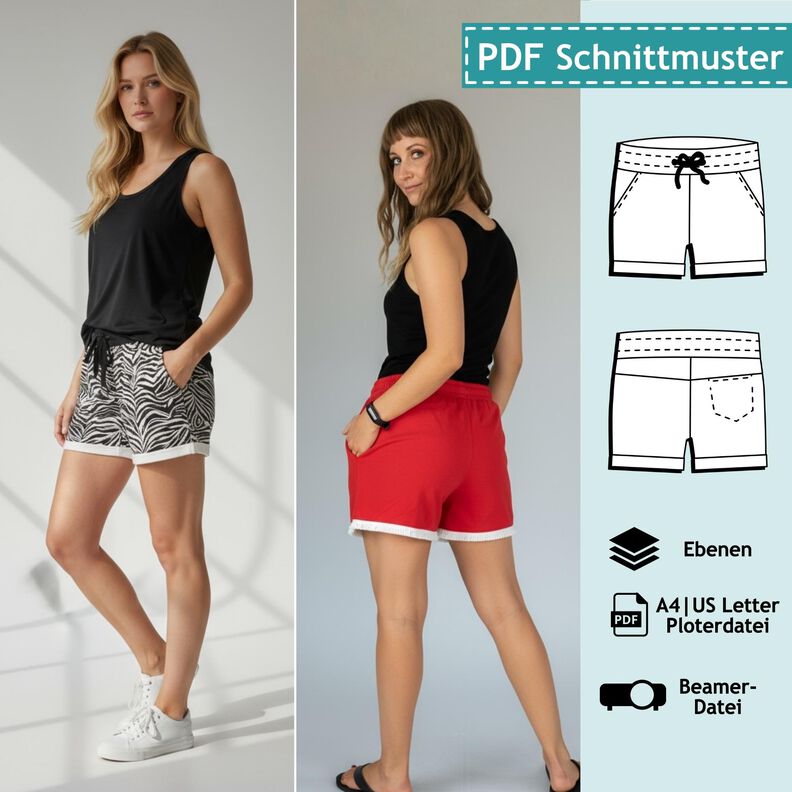 Sweatshorts, Schnittmuster mit Ebenen, A4, A0+, Beamer image number 1