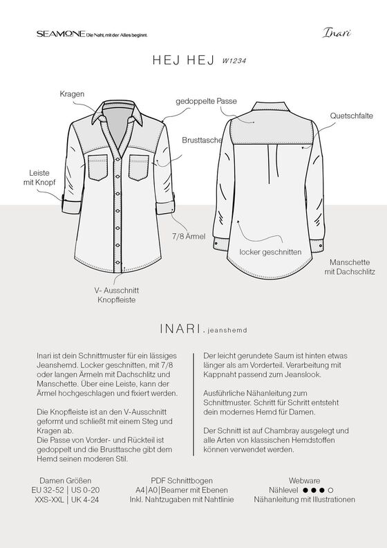 Jeanshemd | Damen Schnittmuster PDF | 32&ndash;52 | Seamone image number 3