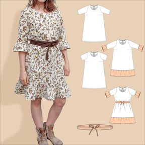 Sarah – weites Kleid mit Rüschen und Gürtel BU 80-116, A4+A0