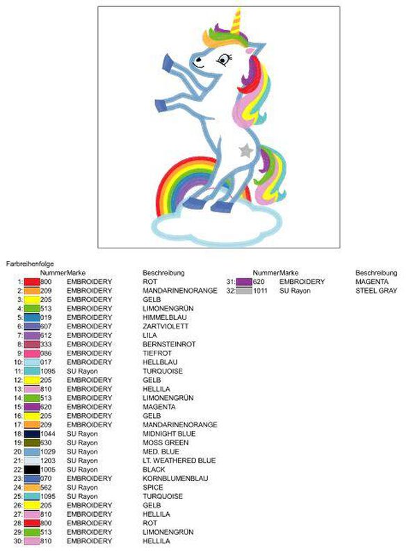 Einhorn stehend auf der Wolke mit Regenbogen Stickdatei  image number 5