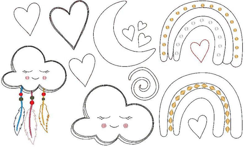 Doodle Boho Stickdatei Regenbogen Wolke Mond Herz Cute image number 2