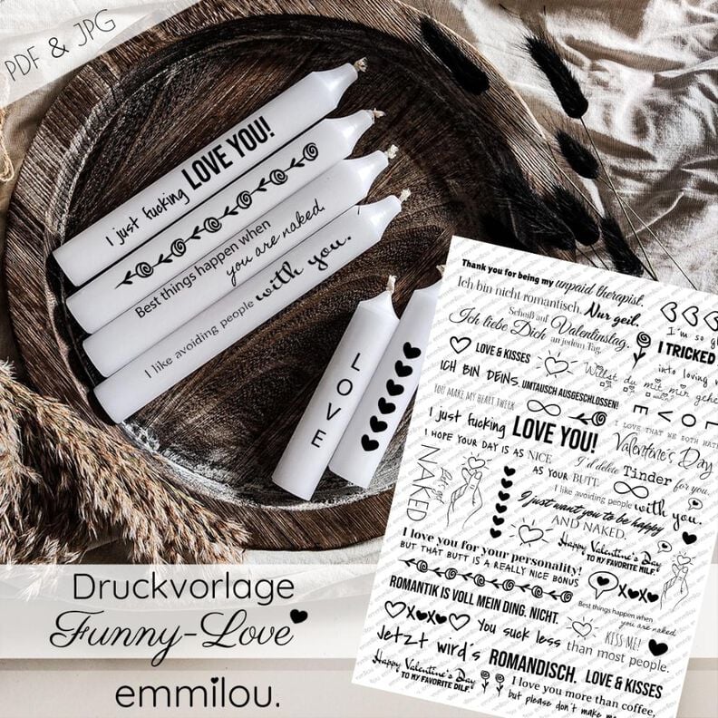  Druckvorlage "FUNNY-LOVE" S/W Kerzen/Anhänger PDF & JPG image number 1
