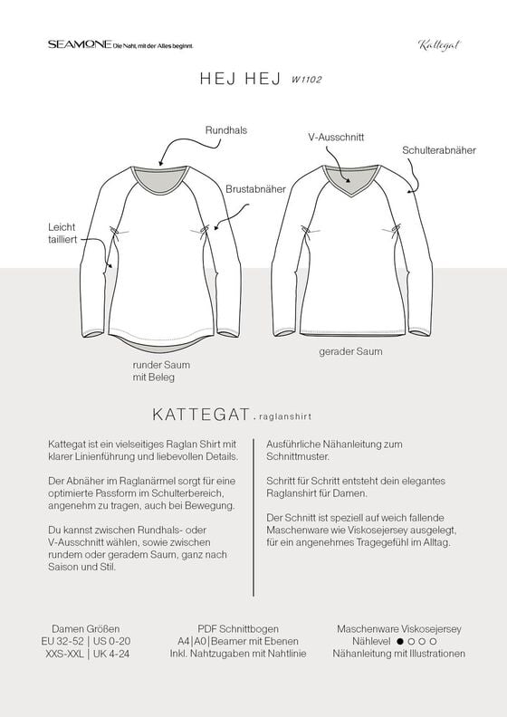 Raglanshirt Damen Schnittmuster PDF | Gr 32–52 | Seamone image number 3
