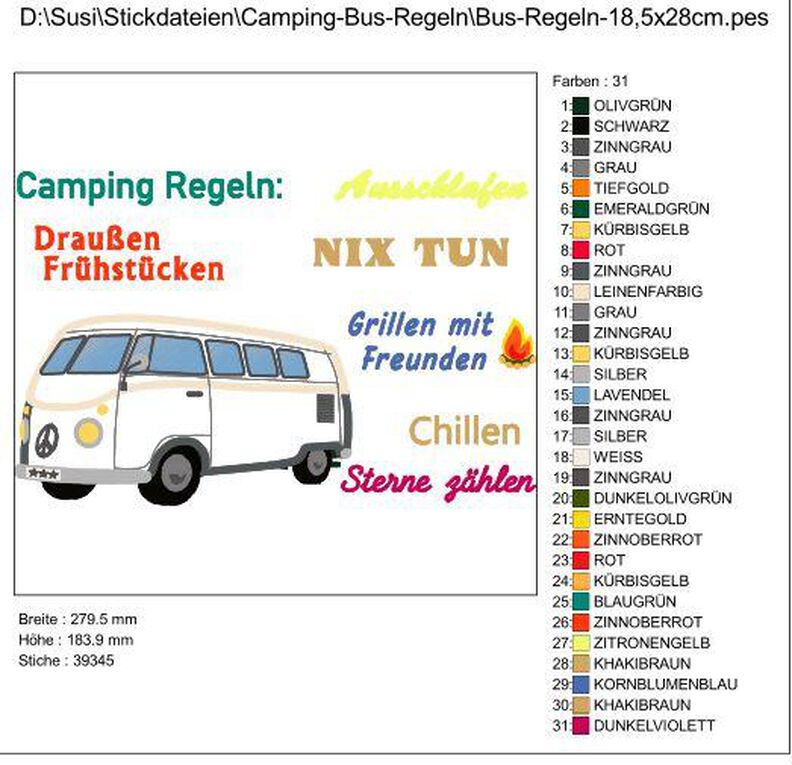 Camping Bus - Camping Regeln Stickdatei image number 4