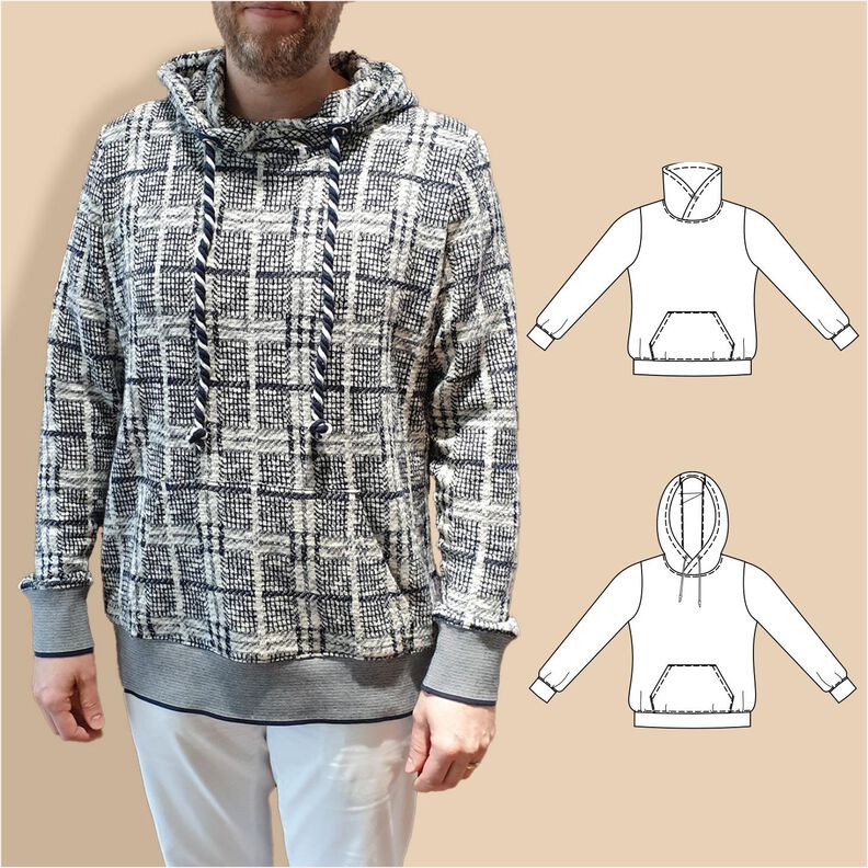 Herrenhoodie Max – Wickelkapuze/Kragen, Gr. 44-60, A4+A0 image number 1