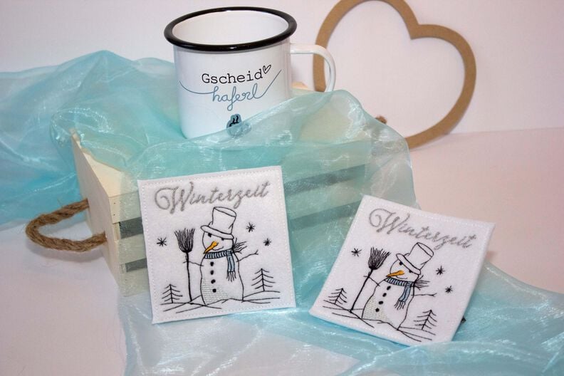Stickdatei Schneemann ITH Untersetzer Mugrug 10x10cm image number 4