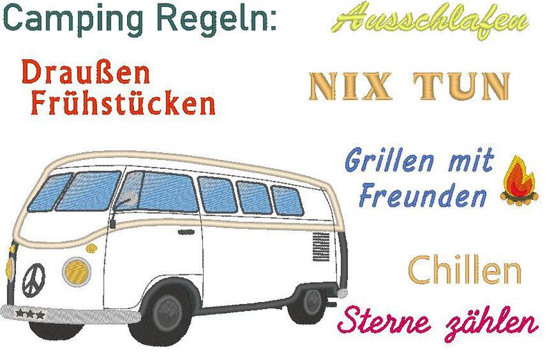 Camping Bus - Camping Regeln Stickdatei image number 3