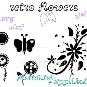 Plotterdatei + Applikationsvorlage retro flowers Blumen Schmetterling Ornament