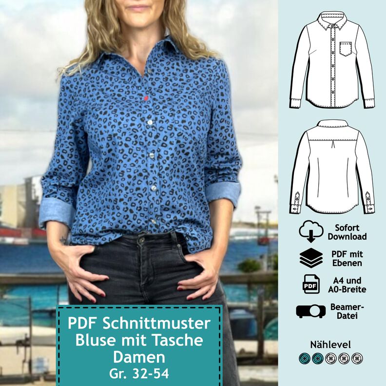 Bluse mit Tasche, Schnittmuster mit Ebenen, A4, A0+, Beamer image number 1