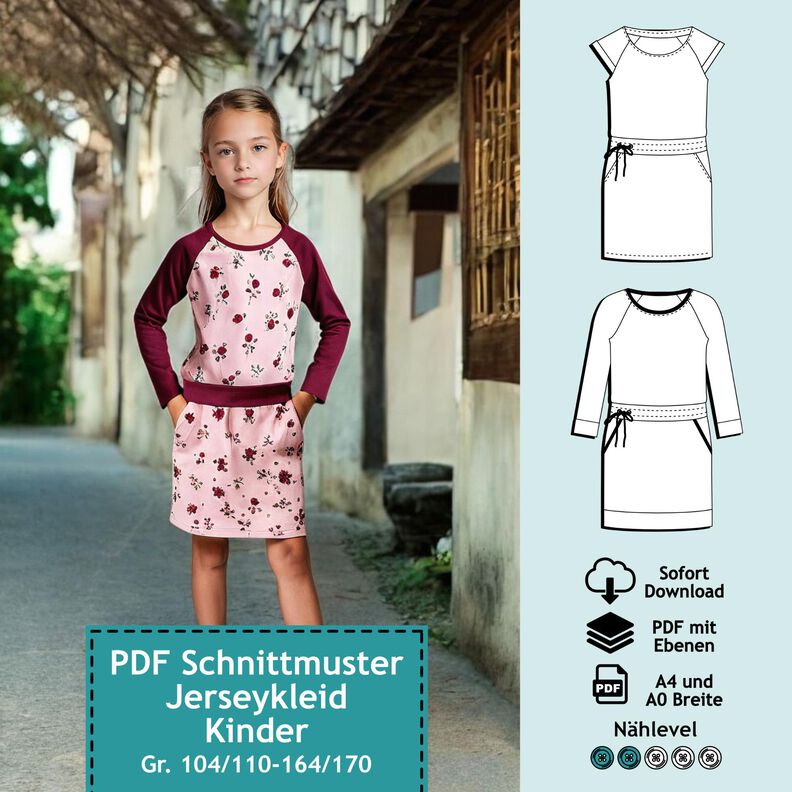 Kinder Jerseykleid Raglankleid, Schnittmuster mit Ebenen image number 1