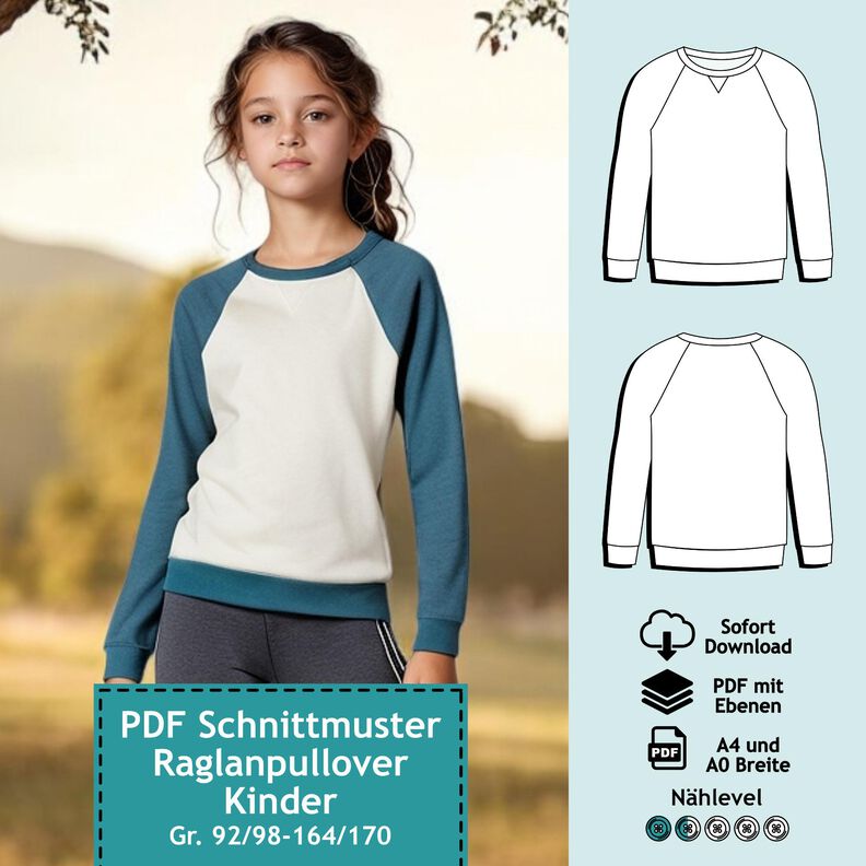 Raglanpullover Kinder,  92/98 -164/170, Schnittmuster image number 1