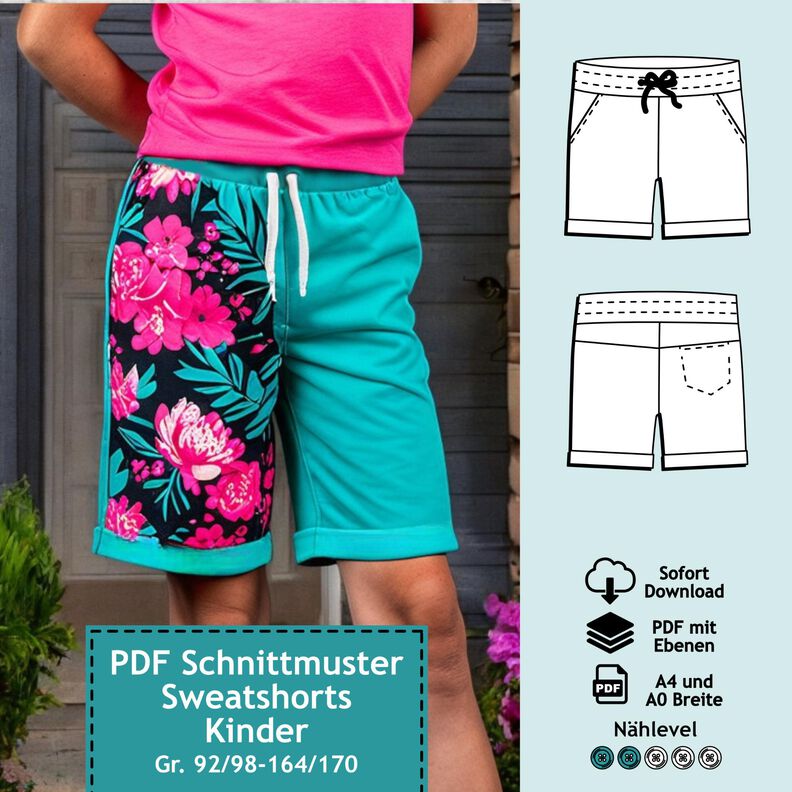 Kinder Sweatshorts, 92/98-164/170 - Schnittmuster m. Ebenen image number 1