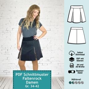 Faltenrock Lene,  Schnittmuster m. Ebenen, A4, A0+, Beamer