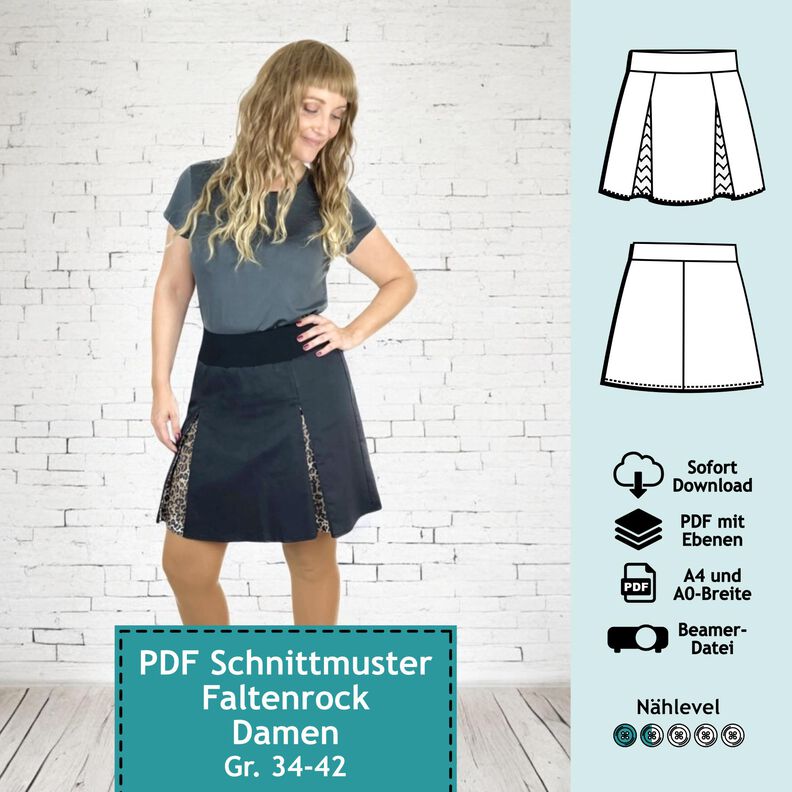 Faltenrock Lene,  Schnittmuster m. Ebenen, A4, A0+, Beamer image number 1