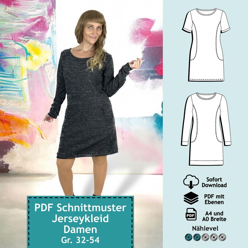 Jerseykleid mit Taschen, Gr. 32-54, Schnittmuster mit Ebenen image number 1