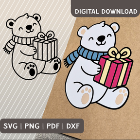Plotterdatei Eisbär mit Geschenk Vektor / SVG PNG DXF