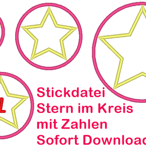 Stickdatei Stern im Kreis in 5 Größen mit Zahlen