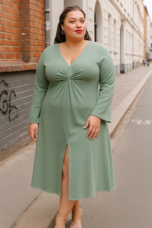 Jersey Midi Kleid Schnittmuster V-Ausschnitt Trompetenärmel image number 3