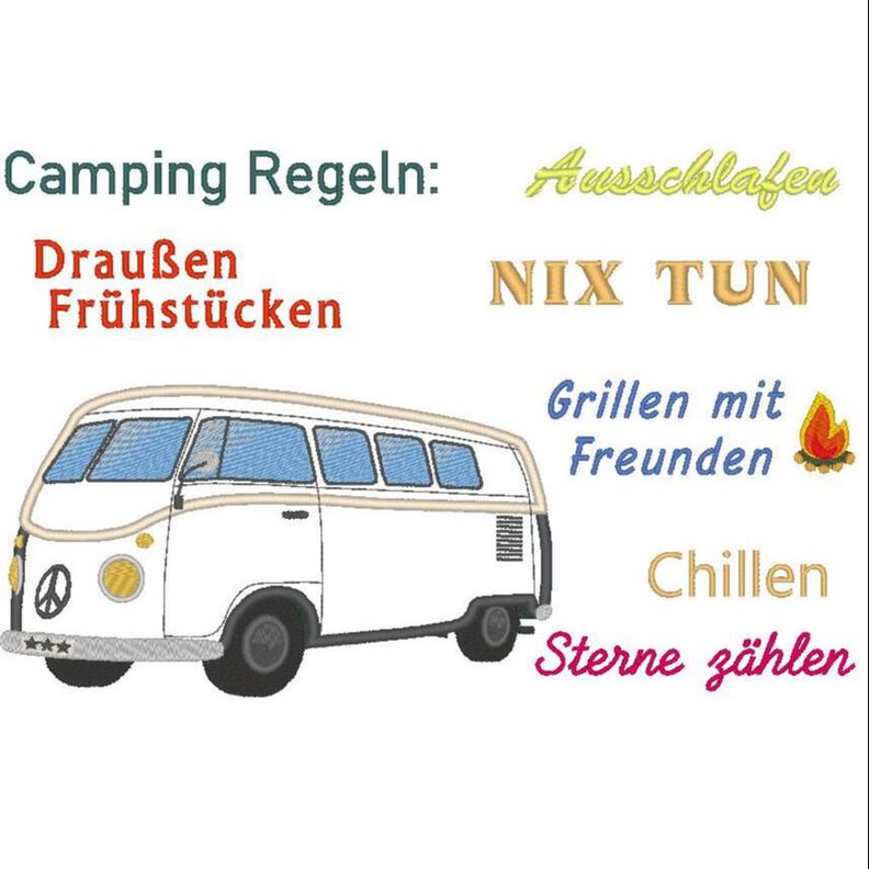 Camping Bus - Camping Regeln Stickdatei image number 1