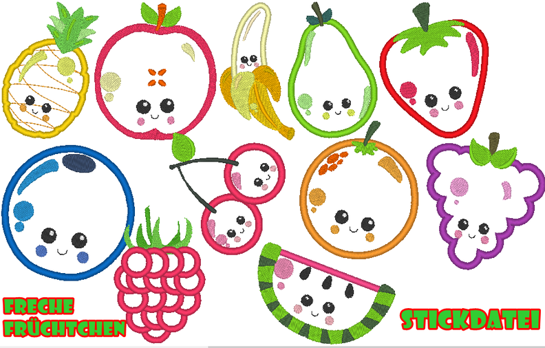 freche Früchtchen Obst Stickdatei für Stoffapplis image number 1