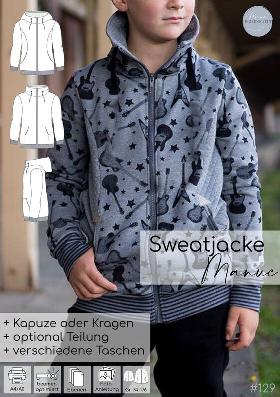 Sweatjacke Kinder Schnittmuster Gr. 74-176 - MANUC #129 image number 2
