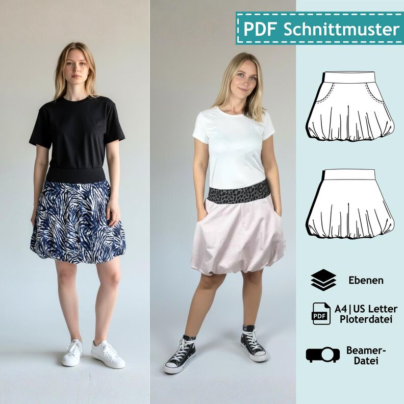 Ballonrock, Schnittmuster mit Ebenen, A4, A0+, Beamer image number 1