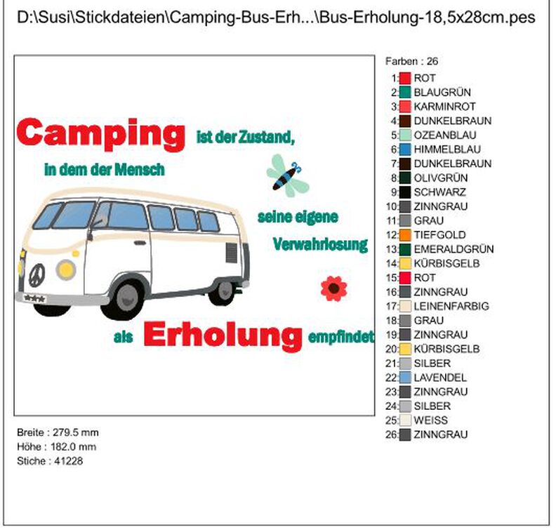 Camping Bus - Camping ist Erholung Stickdatei image number 3