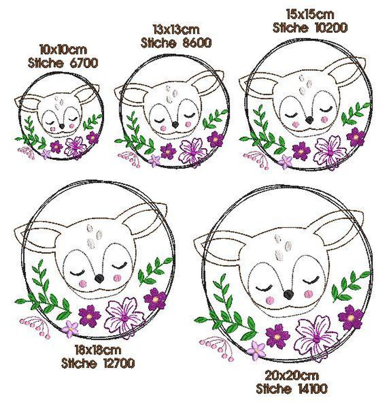 Stickdatei Reh mit Blumen doodle verschiedene Größen image number 2