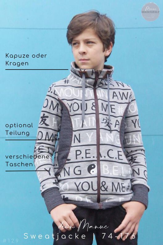 Sweatjacke Kinder Schnittmuster Gr. 74-176 - MANUC #129 image number 3