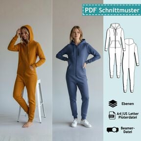 Jumpsuit Onesie (tailliert), XS-4XL, Schnittmuster m. Ebenen