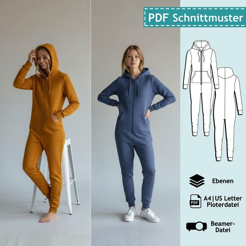 Jumpsuit Onesie (tailliert), XS-4XL, Schnittmuster m. Ebenen image number 1