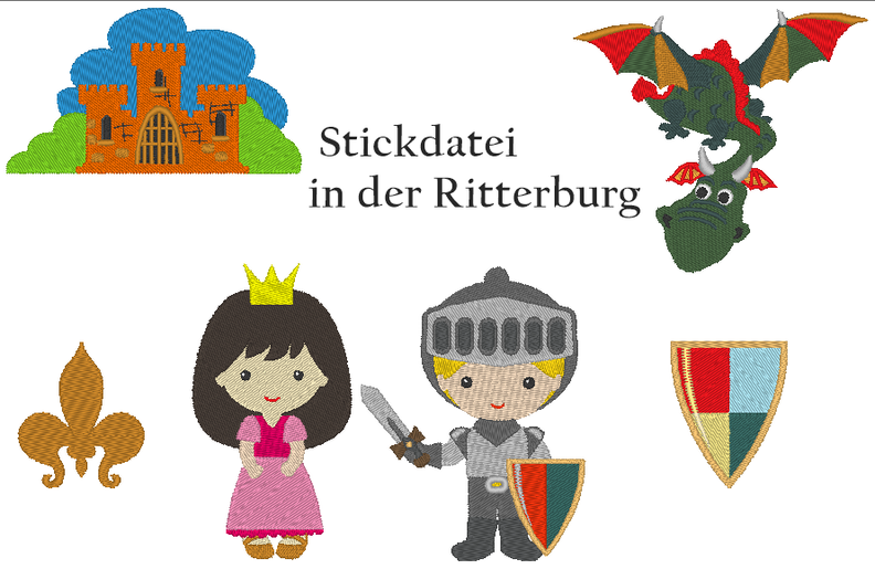 Ritter, Drache, Burg und Burgfräulein Stickdatei image number 1