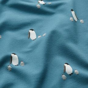GOTS French Terry Sommersweat Pinguinfamilie Digitaldruck – jeansblau, 