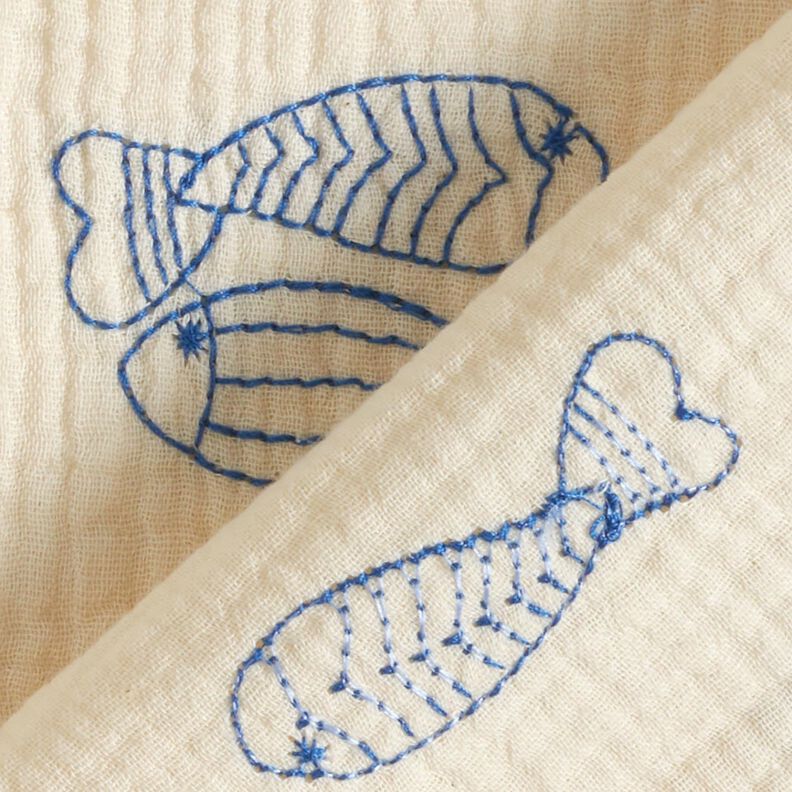 Musselin/ Doppel-Krinkel Gewebe gestickte Fische | Poppy Fabrics – wollweiss/königsblau,  image number 4