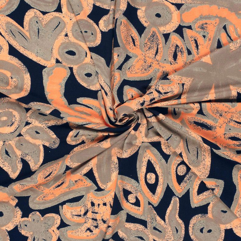 Viskosejersey gemalte Blumen – nachtblau/pfirsichorange,  image number 3