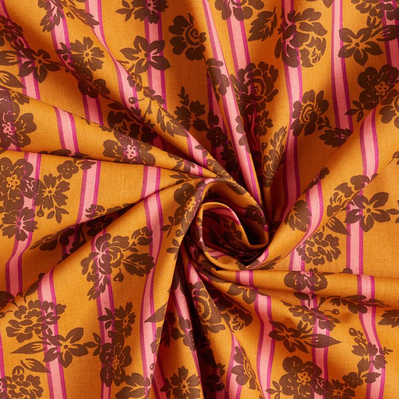 Baumwollstoff Cretonne Blumen auf Streifen – currygelb/purpur, image number 3