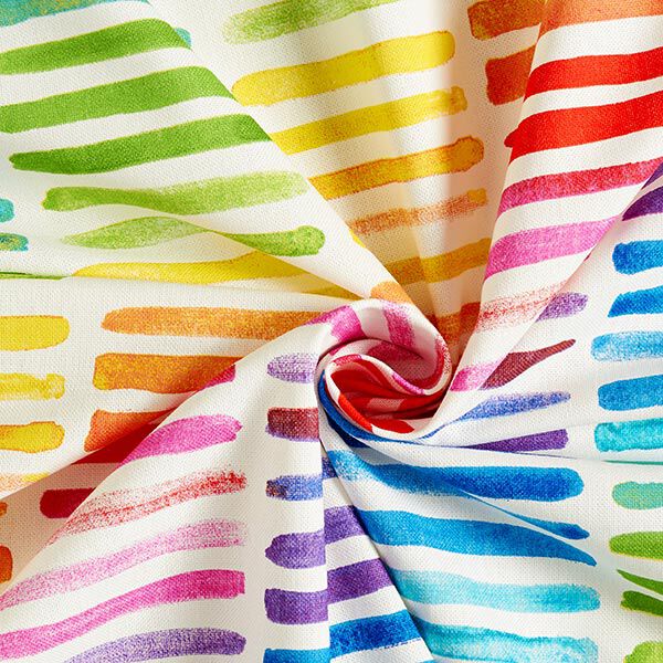 Dekostoff Halbpanama Regenbogenstreifen – weiss | Reststück 100cm