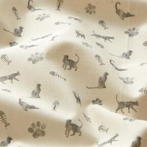 Bio-Baumwollpopeline Katzen und Tatzenabdrücke – wollweiss/grau, 