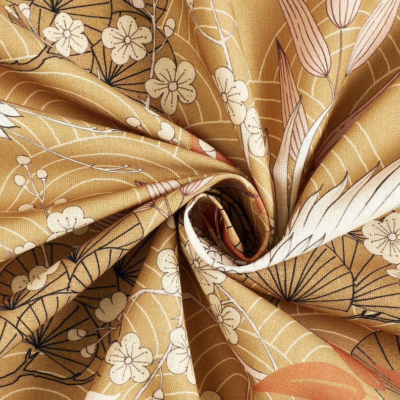 Dekostoff Canvas kunstvolle Kraniche – senf/elfenbein,  image number 3