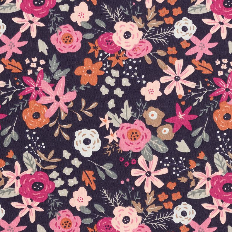 Baumwollpopeline Blumenbouquets – schwarzblau/purpur,  image number 1