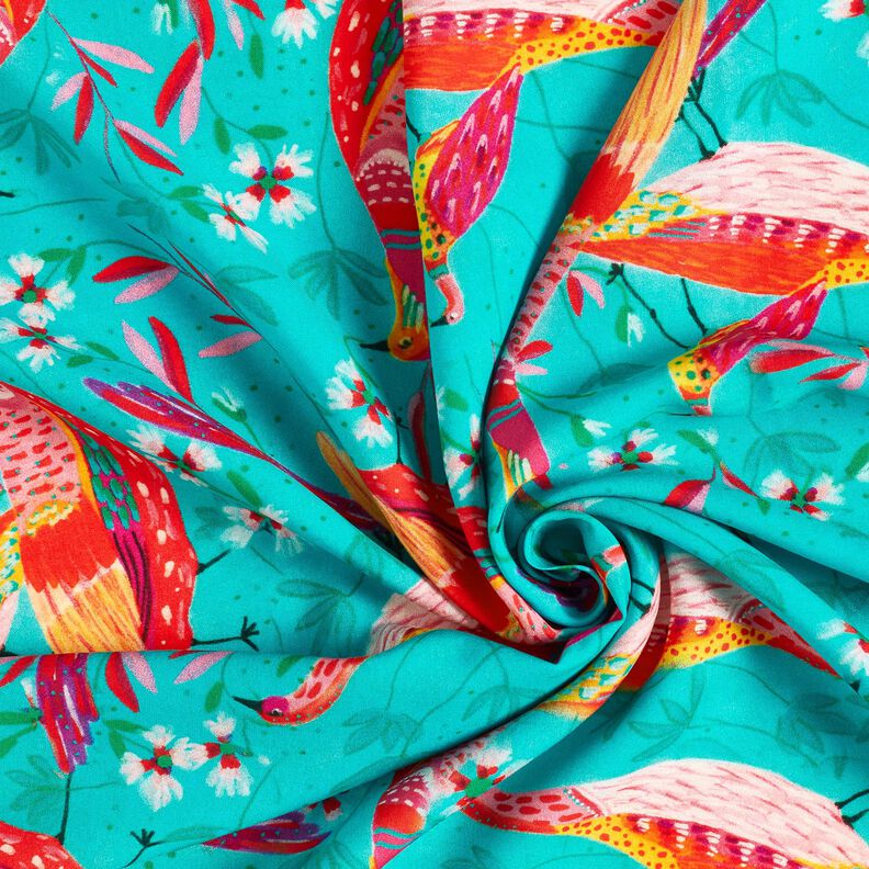 Beachwear Viskosestoff Pfauen und Blumen – aquablau/intensiv pink, image number 3